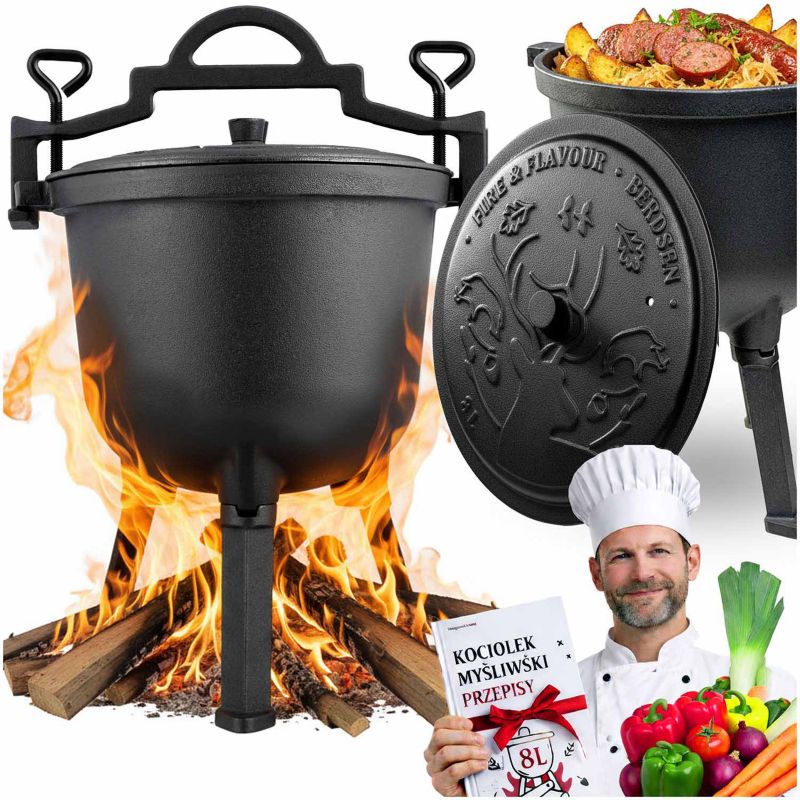 Kociołek żeliwny 8L Berdsen BD-482 garnek myśliwski na ognisko grill + przepisy 1szt.