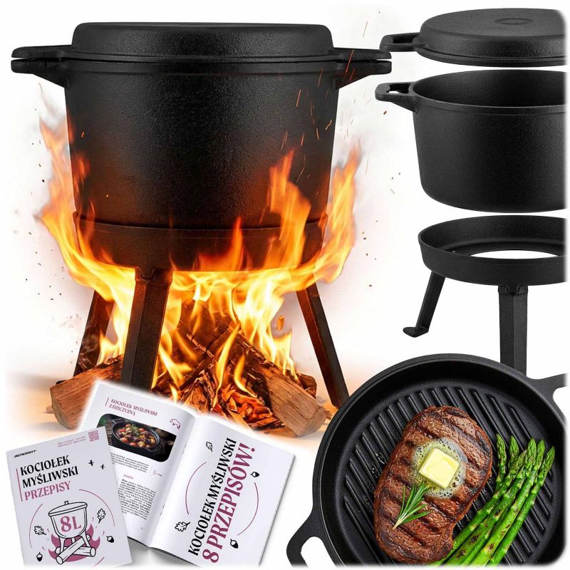 Kociołek żeliwny demontowany Berdsen BD-480 8L garnek + patelnia grill + przepisy 1szt.
