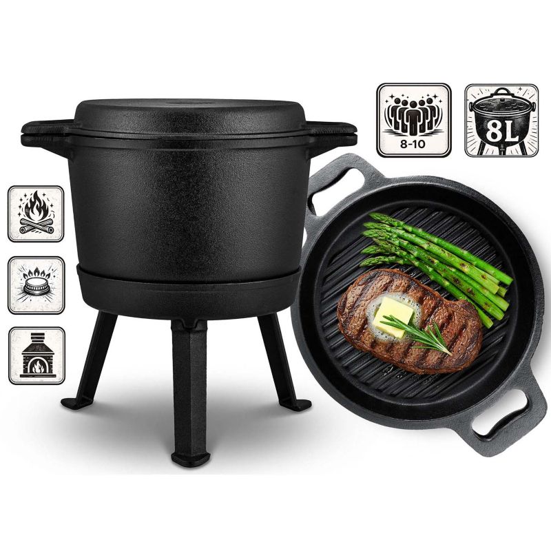 Kociołek żeliwny demontowany Berdsen BD-480 8L garnek + patelnia grill + przepisy 1szt.
