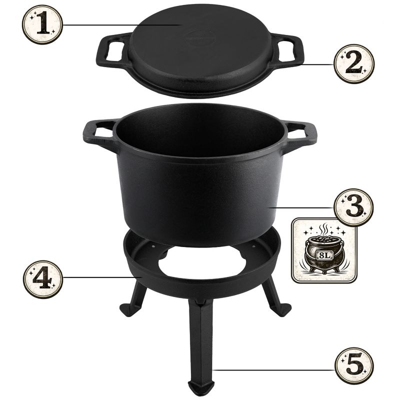 Kociołek żeliwny demontowany Berdsen BD-480 8L garnek + patelnia grill + przepisy 1szt.