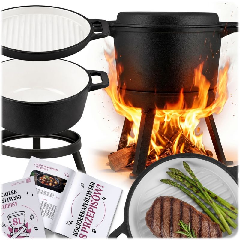 Kociołek żeliwny emaliowany Berdsen BD-480 garnek 8L stojący + patelnia grill + przepisy 1szt.