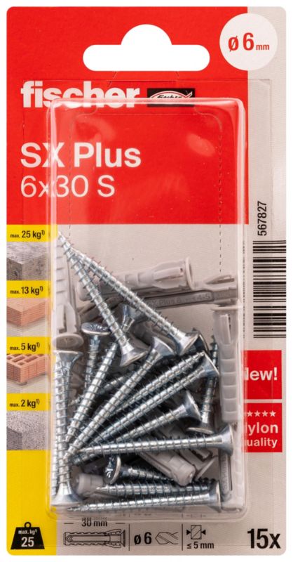 Kołek rozporowy Fischer SX Plus 6 X 30 mm z wkrętem 15 szt.