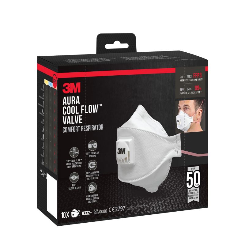 Komfortowa półmaska do cząstek stałych 3M™ Aura™ 9332+ Cool Flow™, FFP3, z zaworem, 10 szt.