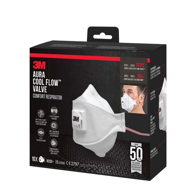 Komfortowa półmaska do cząstek stałych 3M™ Aura™ 9332+ Cool Flow™, FFP3, z zaworem, 10 szt.