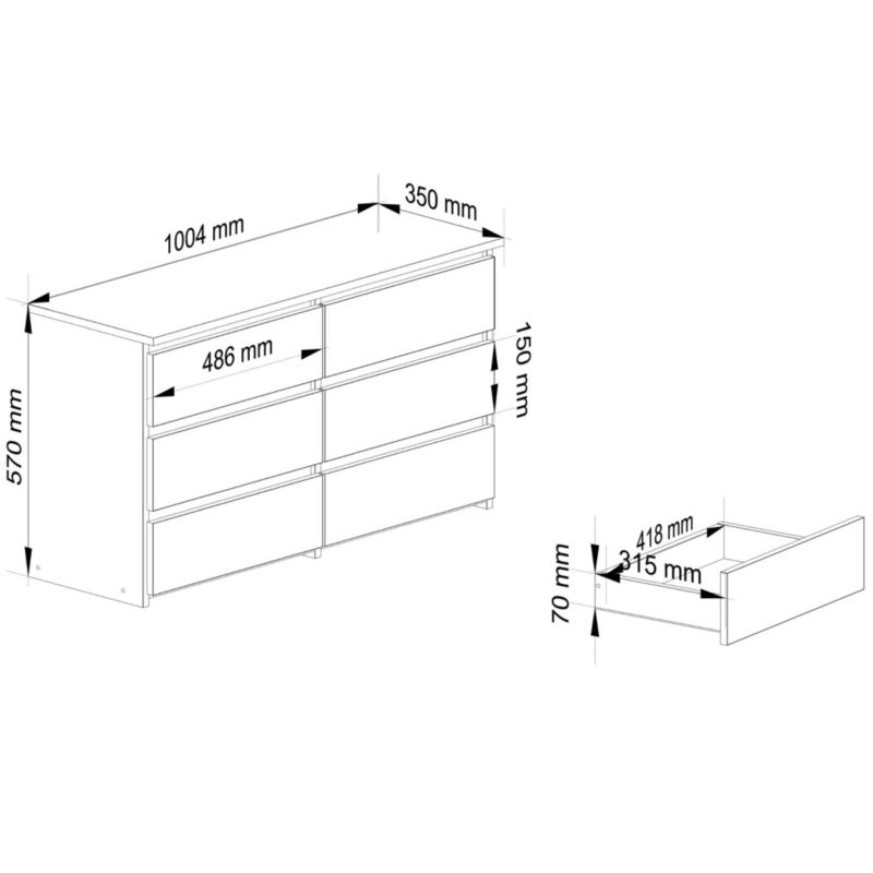 Komoda Akord CL100 Biała 100 cm 6 szuflad kolor Grafit Szary mat 100x35x57 cm 1 szt.
