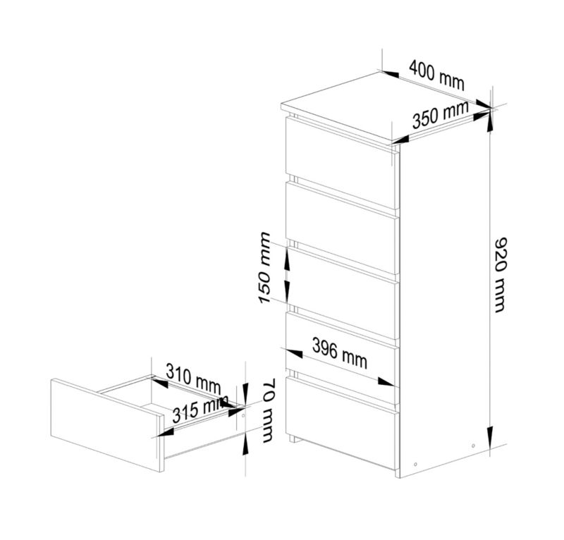 Komoda Akord CL5 Biała 40 cm 5 szuflad fronty kolor Biały mat 40x35x92 cm 1 szt.