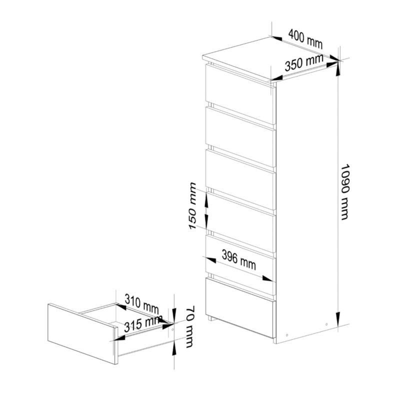 Komoda Akord CL6 Biały 40 cm 6 szuflad fronty kolor Dąb Sonoma mat 40x35x109 cm 1 szt.