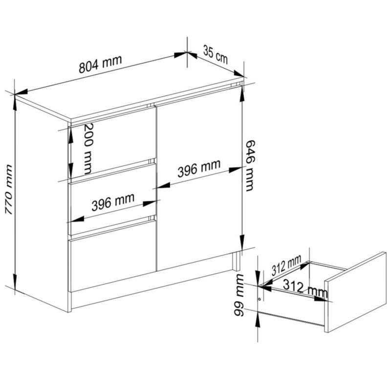 Komoda Akord Jerry Biała 80 cm 1 drzwi 3 szuflady kolor Biały mat 2 półki 80x35x77 cm 1 szt.