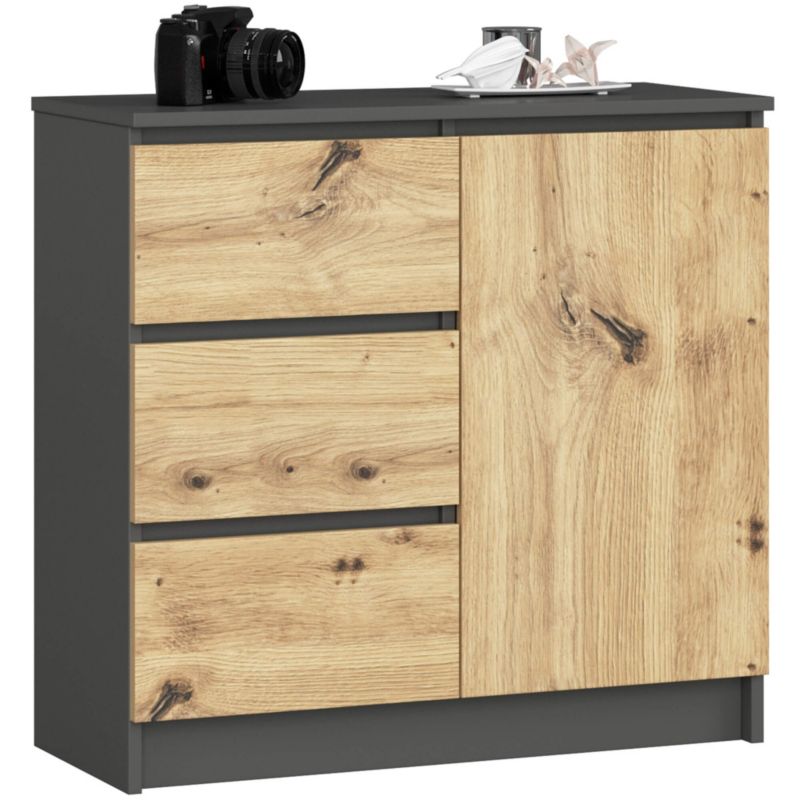 Komoda Akord Jerry Grafit Szary 80 cm 1 drzwi 3 szuflady kolor Dąb Artisan mat 2 półki 80x35x77 cm 1 szt.
