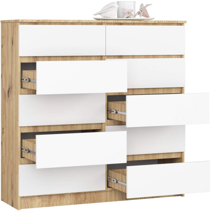 Komoda Akord K120 Dąb Artisan 120 cm 10 szuflad kolor Biały mat 120x40x121 cm 1 szt.
