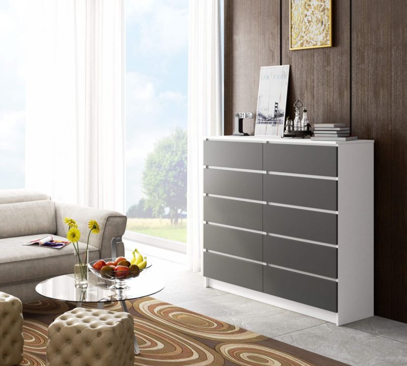 Komoda Akord K140 Biała 138 cm 10 szuflad kolor Grafit Szary mat 138x40x121 cm 1 szt.