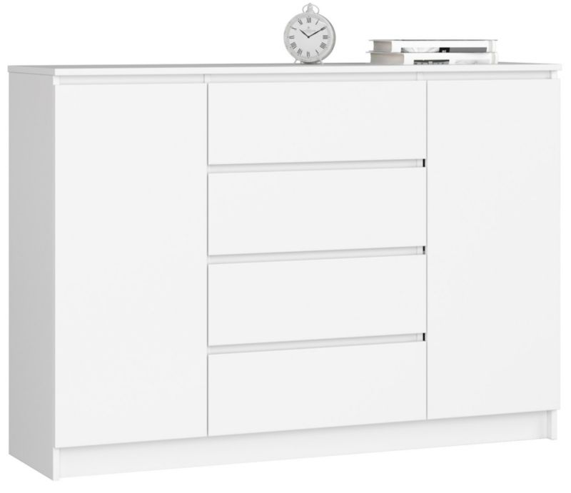 Komoda Akord K140 Biała 138 cm 2 drzwi 4 szuflady kolor Biały mat 4 półki 138x40x99 cm 1 szt.