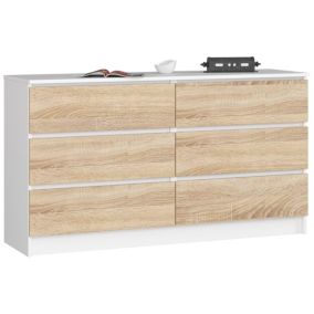 Komoda Akord K140 Biała 138 cm 6 szuflad kolor Dąb Sonoma mat 138x40x77 cm 1 szt.