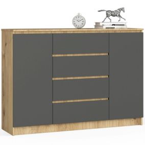 Komoda Akord K140 Dąb Artisan 138 cm 2 drzwi 4 szuflady kolor Grafit Szary mat 4 półki 138x40x99 cm 1 szt.