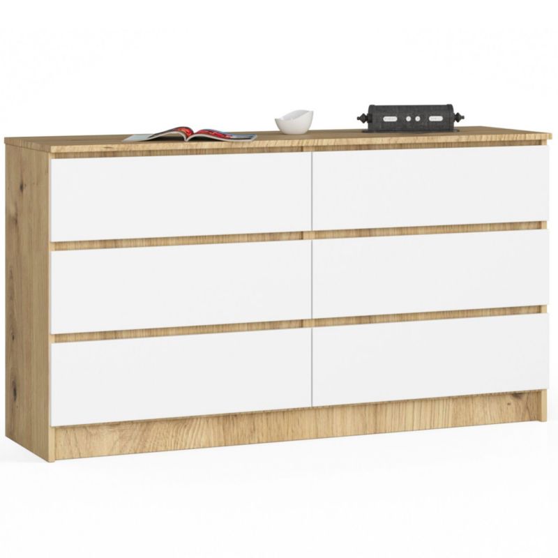 Komoda Akord K140 Dąb Artisan 138 cm 6 szuflad kolor Biały mat 138x40x77 cm 1 szt.