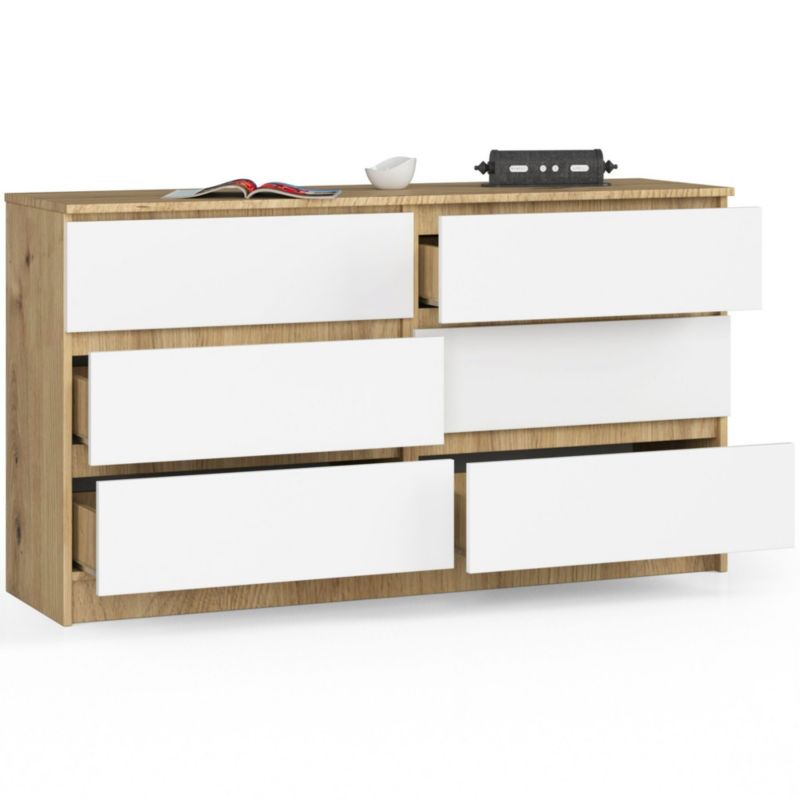 Komoda Akord K140 Dąb Artisan 138 cm 6 szuflad kolor Biały mat 138x40x77 cm 1 szt.