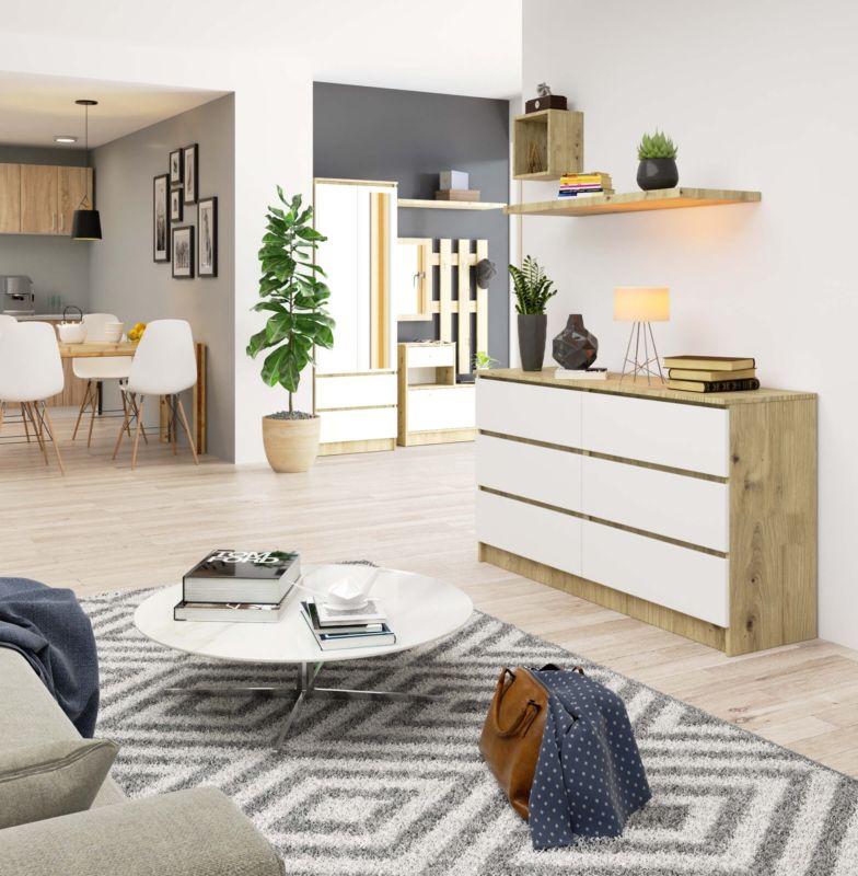 Komoda Akord K140 Dąb Artisan 138 cm 6 szuflad kolor Biały mat 138x40x77 cm 1 szt.