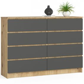 Komoda Akord K140 Dąb Artisan 138 cm 8 szuflad kolor Grafit Szary mat 138x40x99 cm 1 szt.