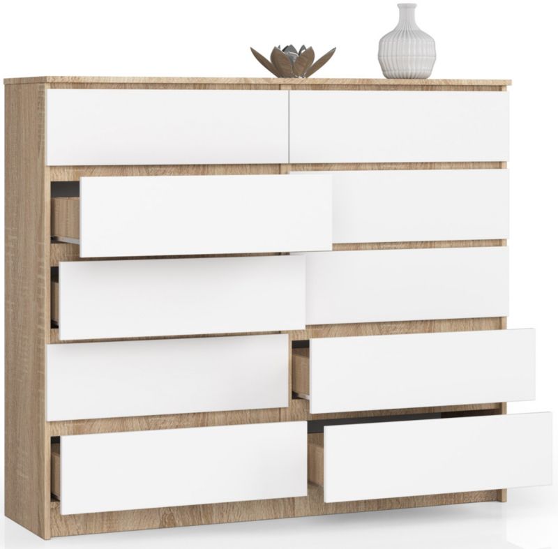 Komoda Akord K140 Dąb Sonoma 138 cm 10 szuflad kolor Biały mat 138x40x121 cm 1 szt.