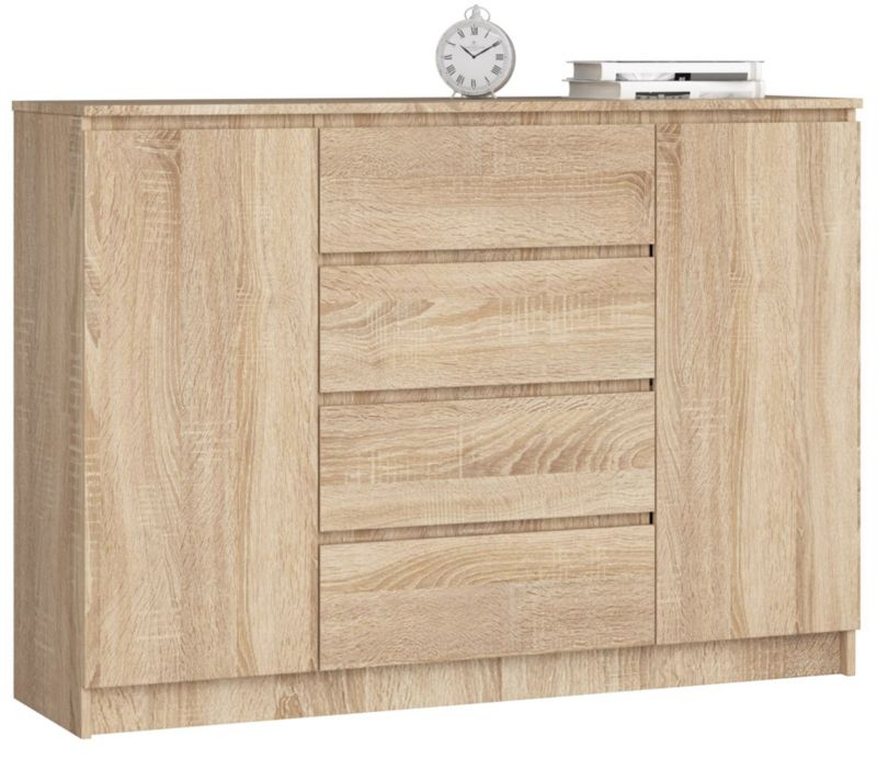 Komoda Akord K140 Dąb Sonoma 138 cm 2 drzwi 4 szuflady kolor Dąb Sonoma mat 4 półki 138x40x99 cm 1 szt.