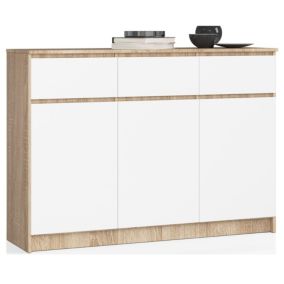 Komoda Akord K140 Dąb Sonoma 138 cm 3 drzwi 3 szuflady kolor Biały mat 6 półek 138x40x99 cm 1 szt.