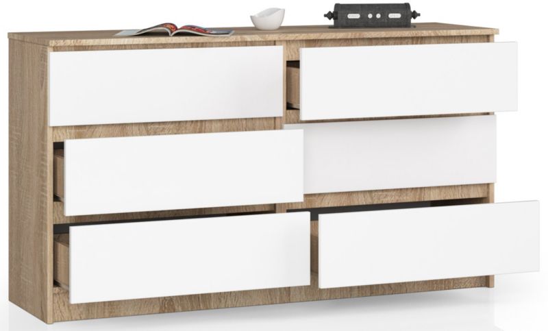 Komoda Akord K140 Dąb Sonoma 138 cm 6 szuflad kolor Biały mat 138x40x77 cm 1 szt.