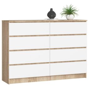 Komoda Akord K140 Dąb Sonoma 138 cm 8 szuflad kolor Biały mat 138x40x99 cm 1 szt.