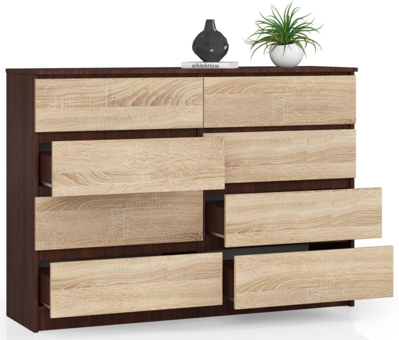 Komoda Akord K140 Wenge 138 cm 8 szuflad kolor Dąb Sonoma mat 138x40x99 cm 1 szt.