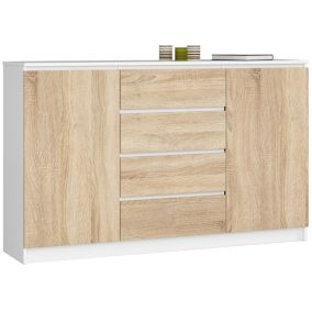 Komoda Akord K160 Biała 160 cm 2 drzwi 4 szuflady kolor Dąb Sonoma mat 4 półki 160x40x99 cm 1 szt.