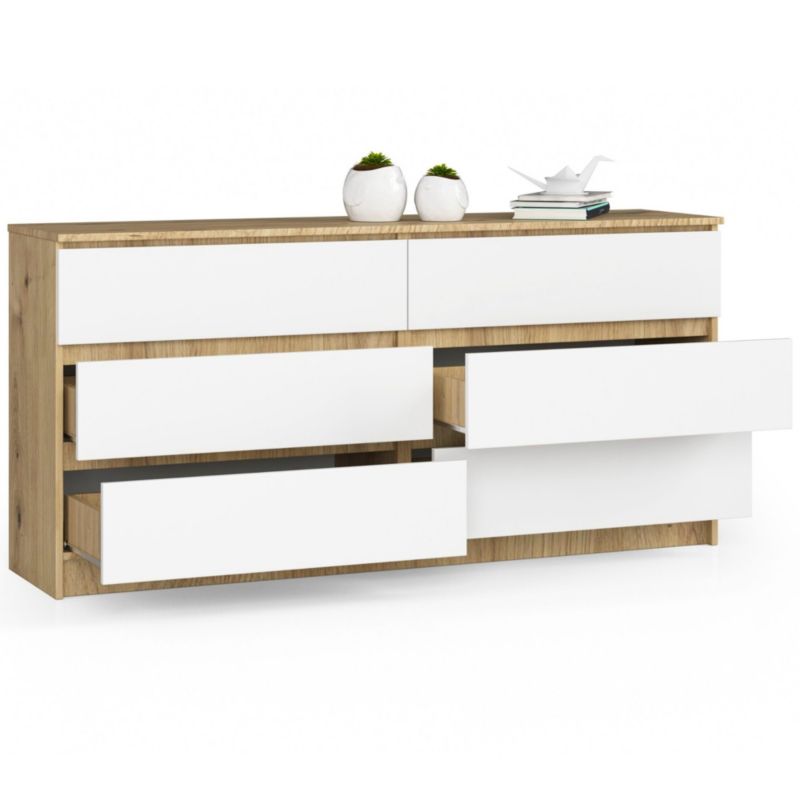 Komoda Akord K160 Dąb Artisan 160 cm 6 szuflad kolor Biały mat 160x40x77 cm 1 szt.