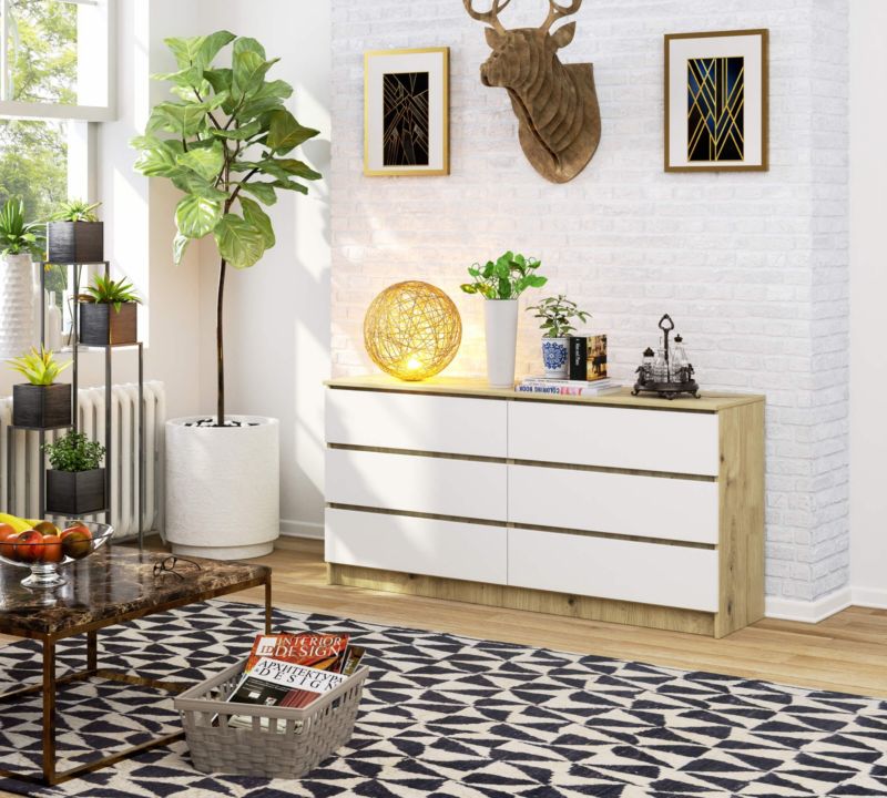 Komoda Akord K160 Dąb Artisan 160 cm 6 szuflad kolor Biały mat 160x40x77 cm 1 szt.