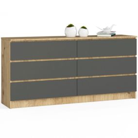 Komoda Akord K160 Dąb Artisan 160 cm 6 szuflad kolor Grafit Szary mat 160x40x77 cm 1 szt.