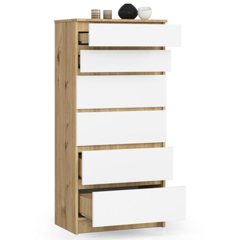 Komoda Akord K60 Dąb Artisan 60 cm 6 szuflad kolor Biały mat 60x40x130 cm 1 szt.