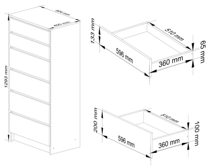 Komoda Akord K60 Dąb Artisan 60 cm 6 szuflad kolor Biały mat 60x40x130 cm 1 szt.