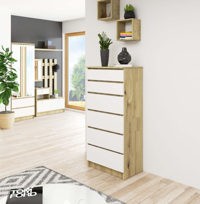 Komoda Akord K60 Dąb Artisan 60 cm 6 szuflad kolor Biały mat 60x40x130 cm 1 szt.