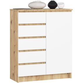 Komoda Akord K80 Dąb Artisan 80 cm 1 drzwi 5 szuflad kolor Biały mat 3 półki 80x35x97 cm 1 szt.