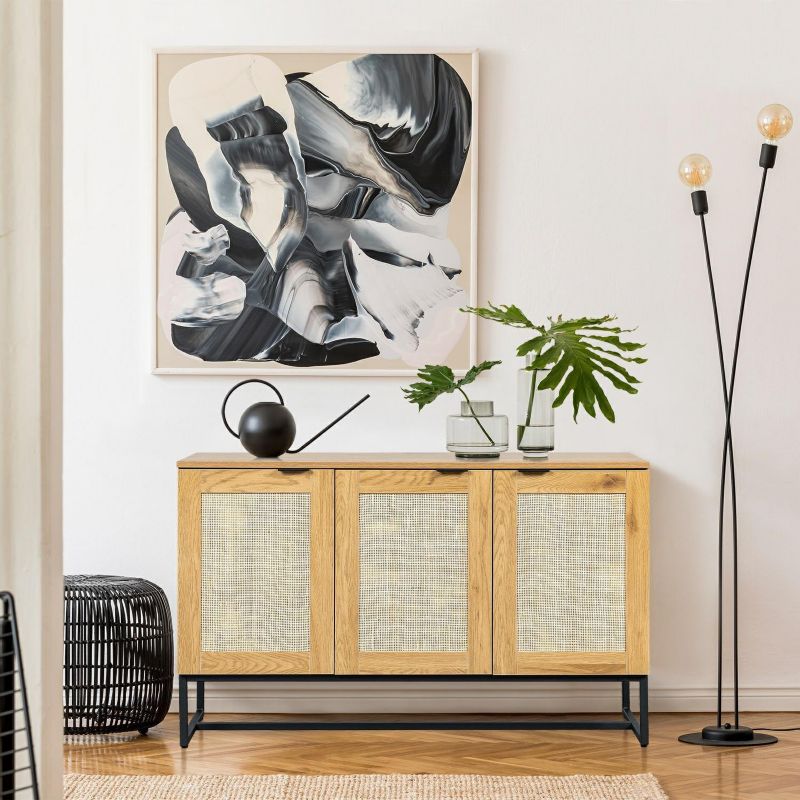 Komoda Capri INTESI, ratanová komoda 120 cm se skříňkami na černých nohách do obýváku, moderní boho, 1 ks.