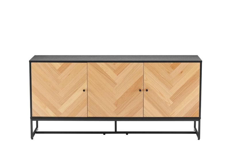 Komoda Clar INTESI, 160 cm, dub černý, čela rybí kosti, kovové nohy, moderní do obývacího pokoje, 1 ks.