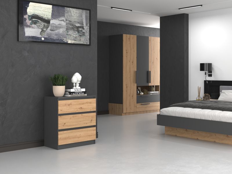 Komoda Topeshop Malwa M3 Antracyt / Dąb Artisan 3 Szuflady Szafka 40x70x75 cm 1 szt.
