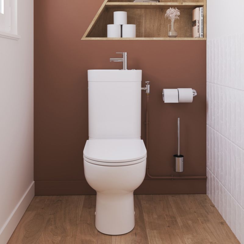 Kompakt WC GoodHome Cavally wirowy bezkołnierzowy z deską wolnoopadajacą z duroplastu i umywalką