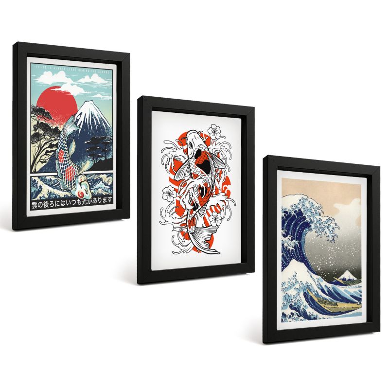 Komplet 3 Obrazów w Czarnej Ramie ArtPrintCave 20x30 cm Grafika Ścienna Góry ryby Wielka Fala Japonia 1 kpl.