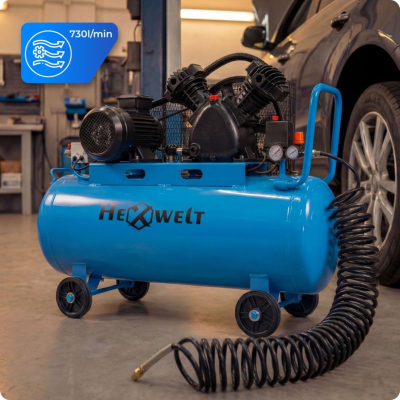 Kompresor olejowy HEXWELT 200L 5500W 8 Bar 730L/min 2-tłokowy sprężarka powietrza 1szt.