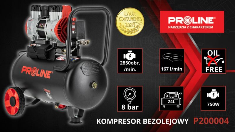 Kompresor PROLINE bezolejowy sprężarka 24L, 750W/1KM, 8BAR 167L/MIN ...