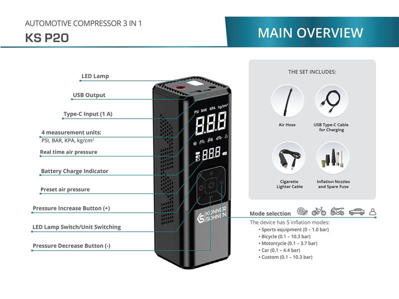 Kompresor samochodowy akumulatorowy 3 w 1 Könner & Söhnen 3x2000mAh 23 l/min 150psi 1 szt.