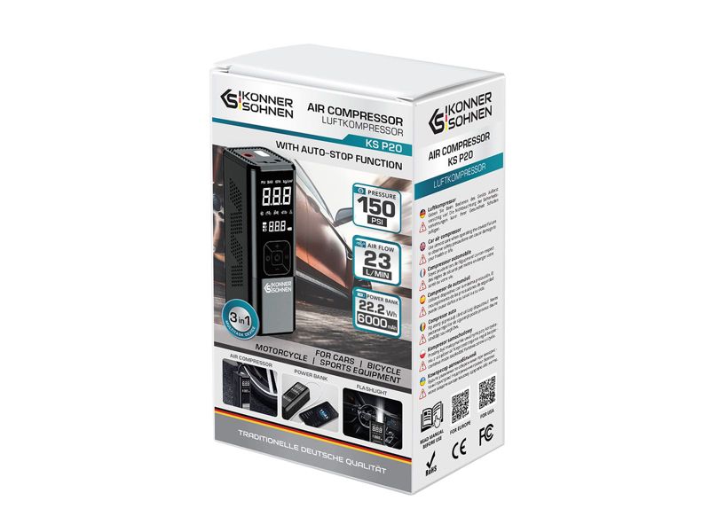 Kompresor samochodowy akumulatorowy 3 w 1 Könner & Söhnen 3x2000mAh 23 l/min 150psi 1 szt.