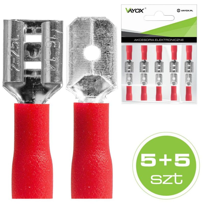 Konektor izolowany płaski 6,3mm czerwony Vayox VDD-6.35R (5szt. męskie + 5szt. żeńskie) 1kpl.