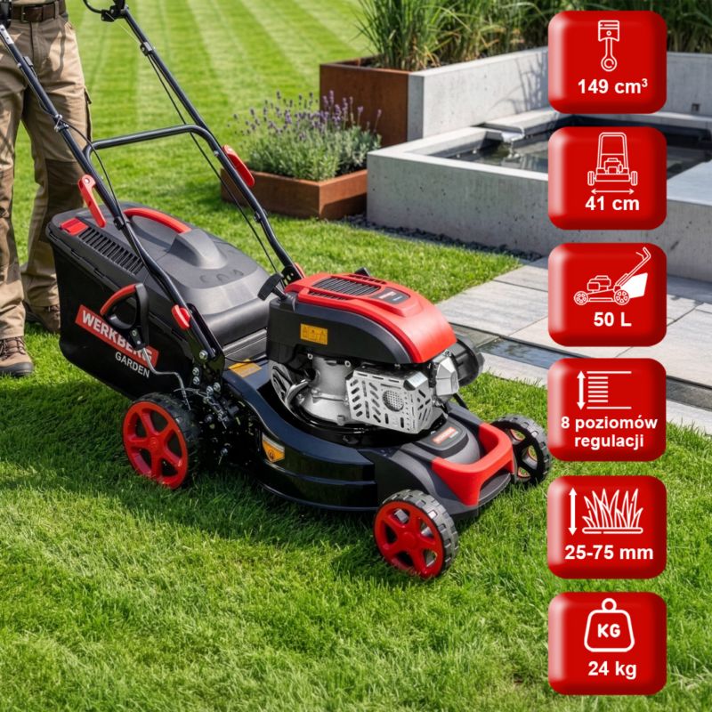 Kosiarka spalinowa Werkberg Garden z napędem mocna silnik 149CC napęd 41cm mulczowanie 1szt.