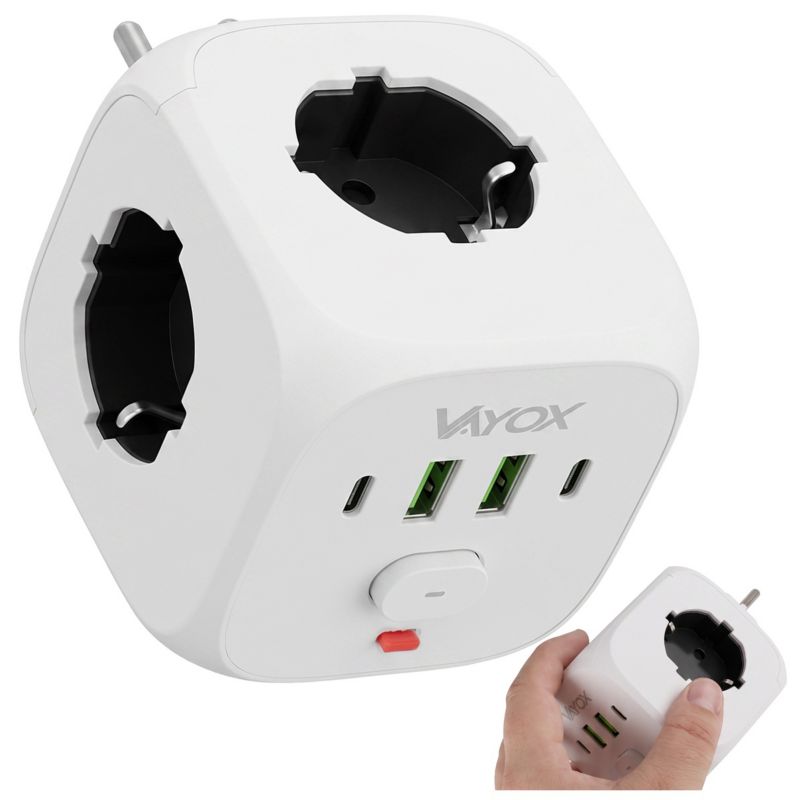 Kostka zasilająca rozgałęźnik Vayox 3 gniazda 2x USB-A 2x USB-C 2.1A wyłącznik biały VA0472W 1 szt.