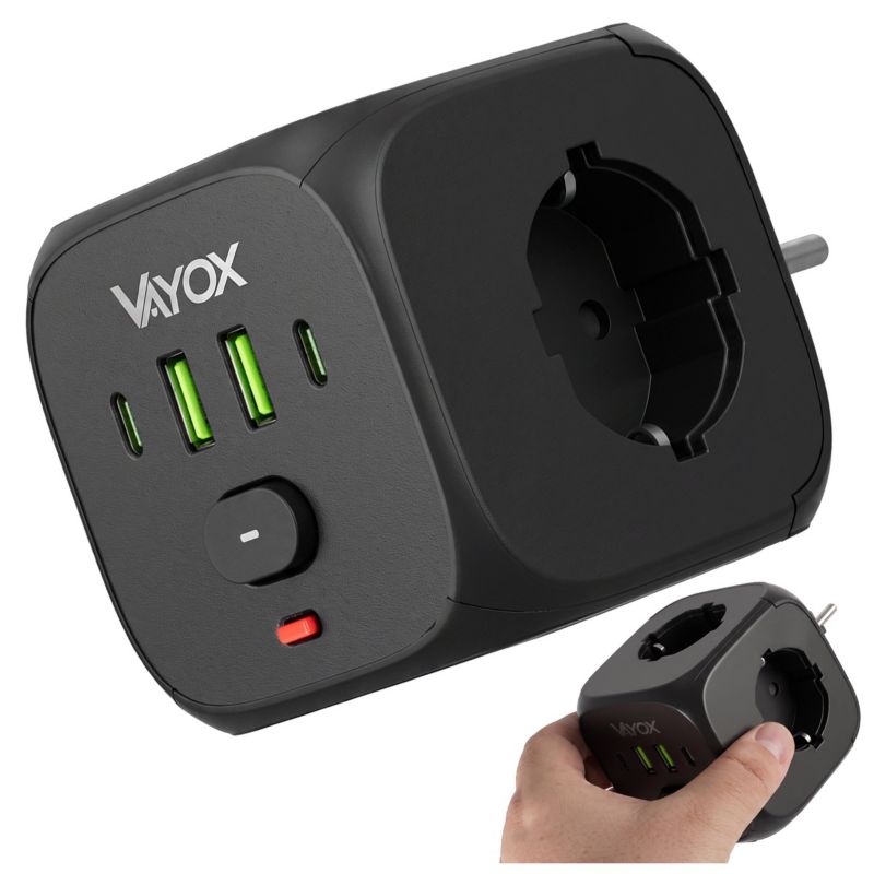 Kostka zasilająca rozgałęźnik Vayox 3 gniazda 2x USB-A 2x USB-C 2.1A wyłącznik czarny VA0472B 1 szt.