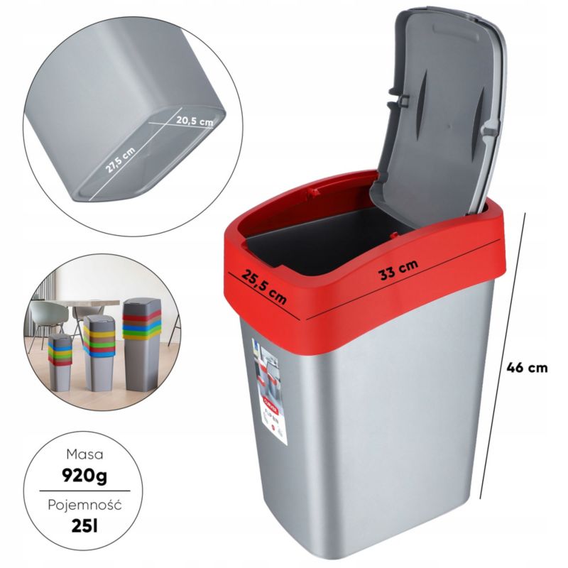 Kosz na śmieci Curver Flip Bin 25L, czerwony